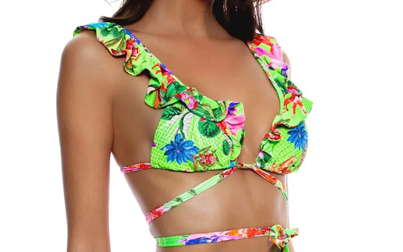 Ruffle Deep V Wrap Triangle-Reversible High Leg Peek A Boo Ring Bikini
