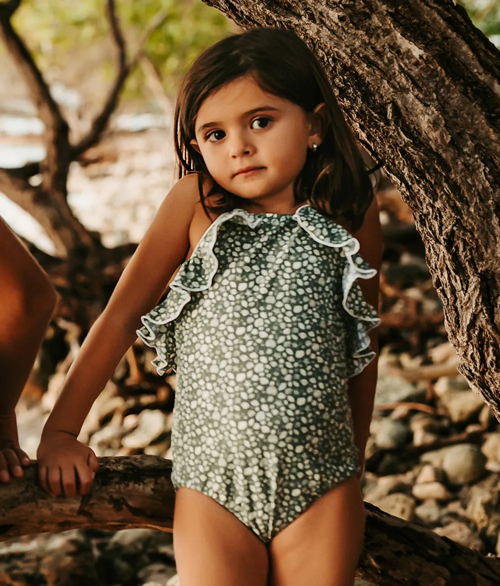 Ruffle Detail Swimsuit in Sage Shell Print