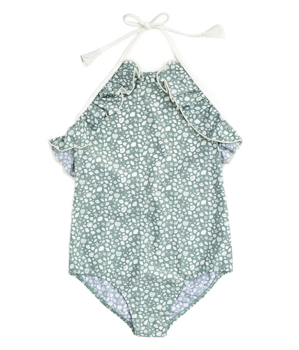 Ruffle Detail Swimsuit in Sage Shell Print