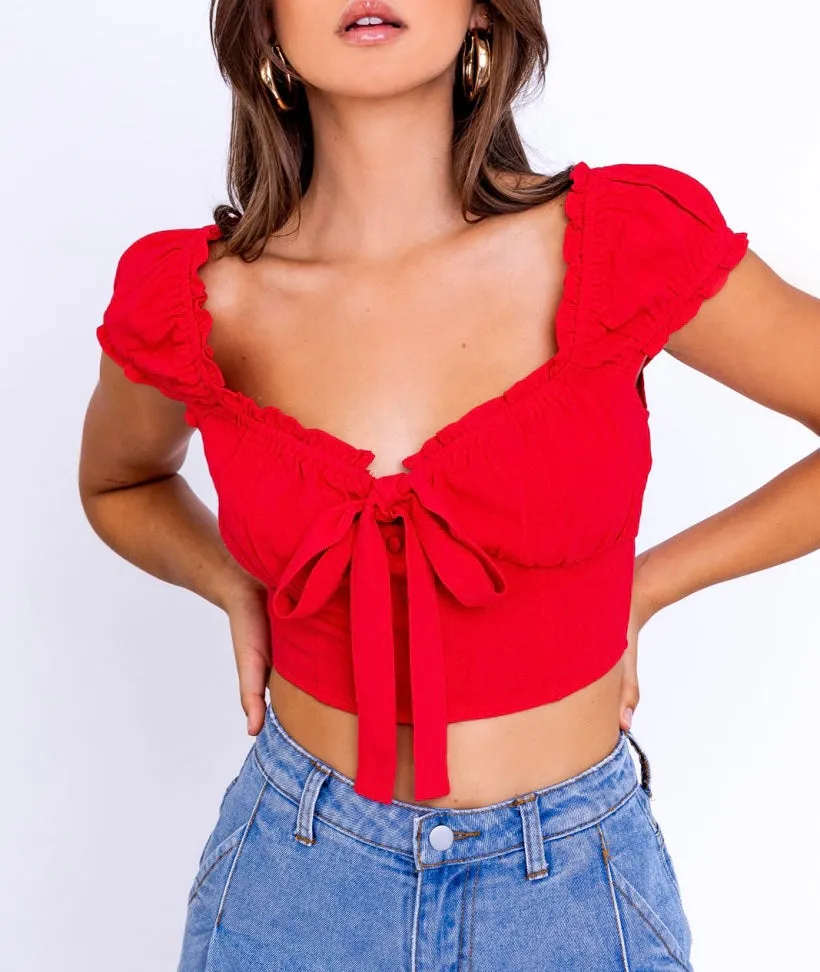 Ruffle Tie Corset Peasant Crop Top