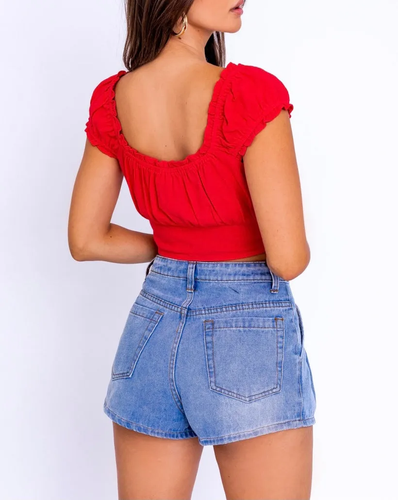 Ruffle Tie Corset Peasant Crop Top