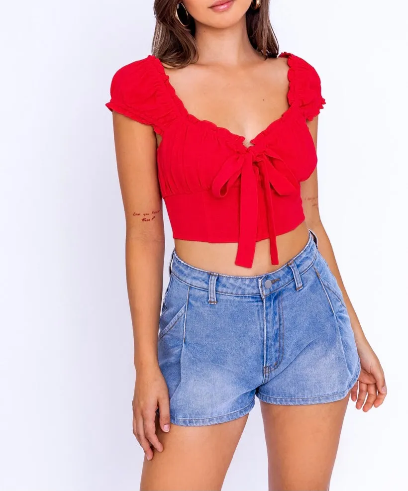 Ruffle Tie Corset Peasant Crop Top