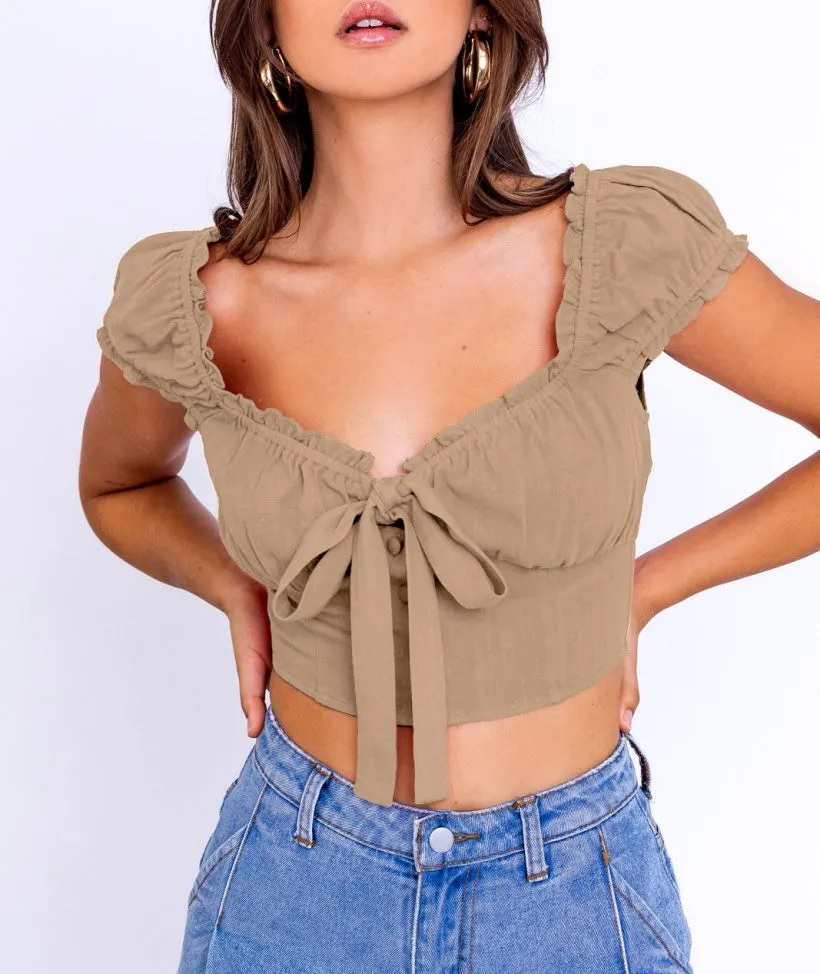 Ruffle Tie Corset Peasant Crop Top