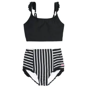 RuffleButts Black & White Stripe Flutter High Waisted Bikini