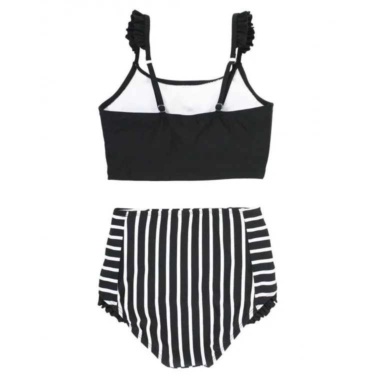 RuffleButts Black & White Stripe Flutter High Waisted Bikini