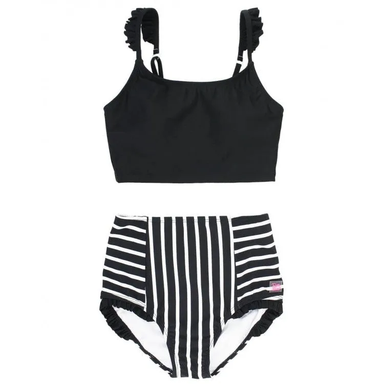RuffleButts Black & White Stripe Flutter High Waisted Bikini