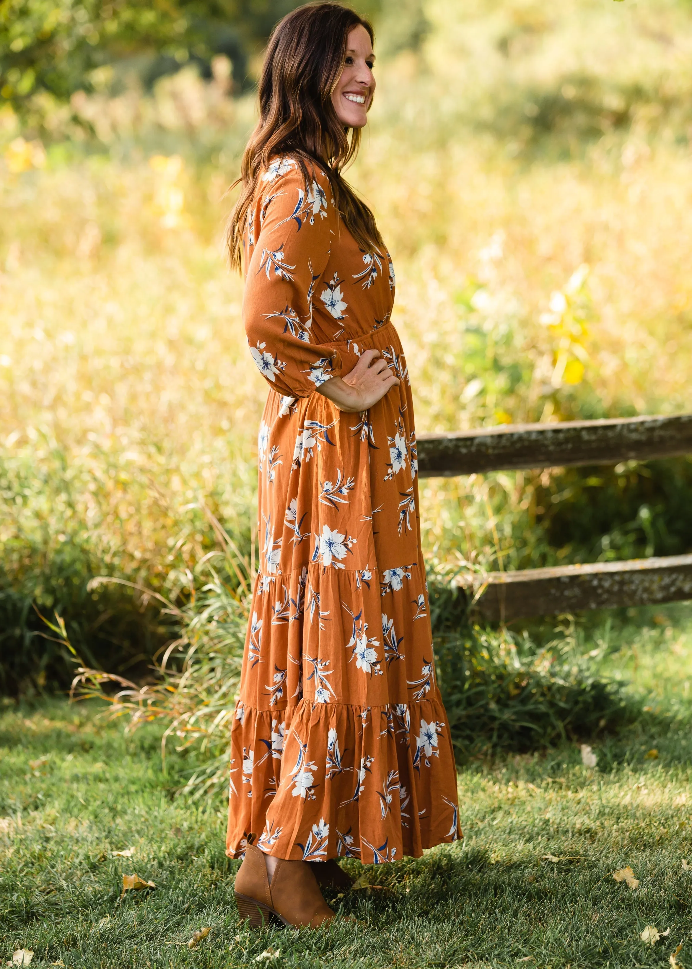Rust Floral Wrap Maxi Dress