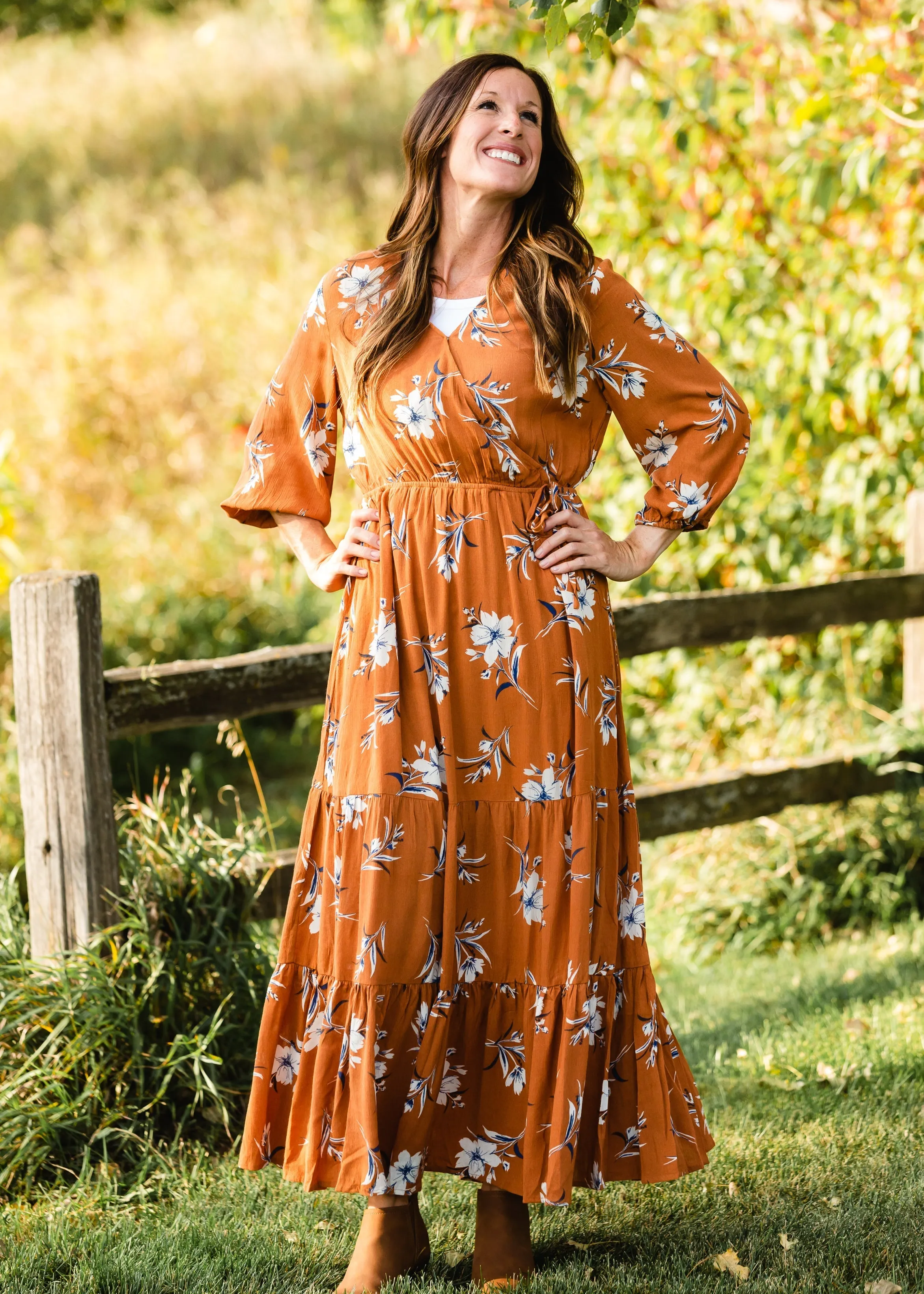 Rust Floral Wrap Maxi Dress