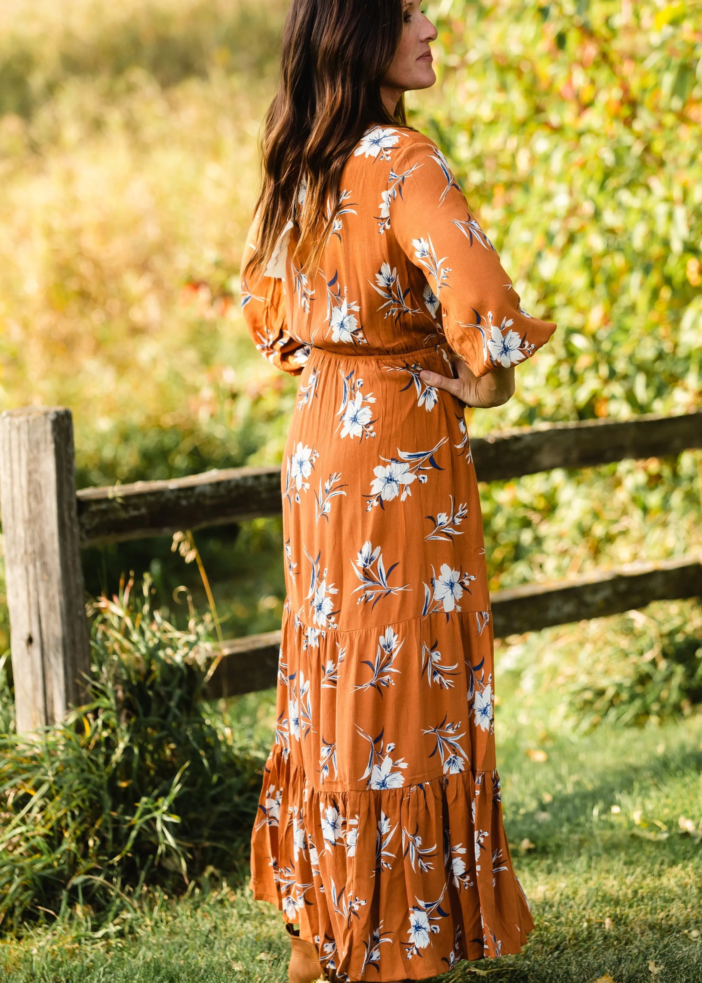 Rust Floral Wrap Maxi Dress