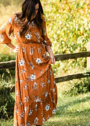 Rust Floral Wrap Maxi Dress