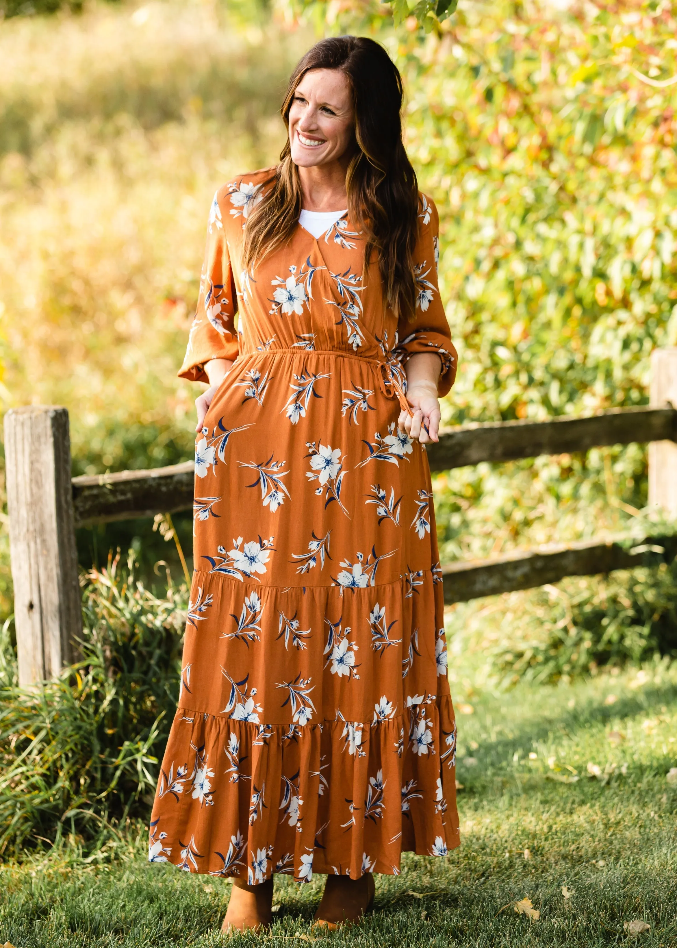 Rust Floral Wrap Maxi Dress