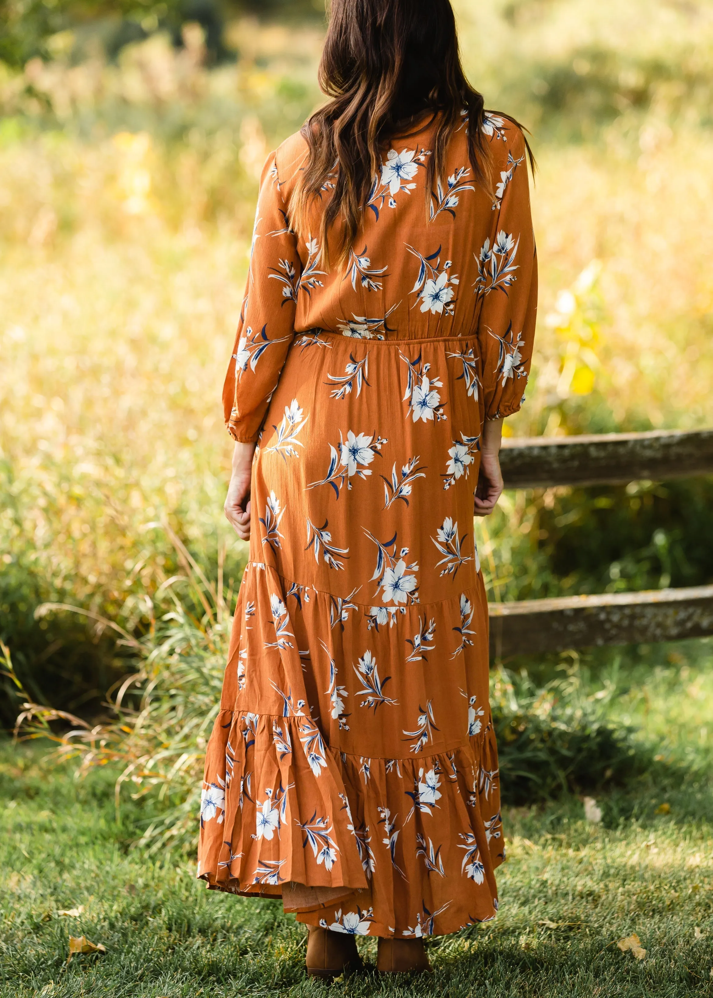 Rust Floral Wrap Maxi Dress
