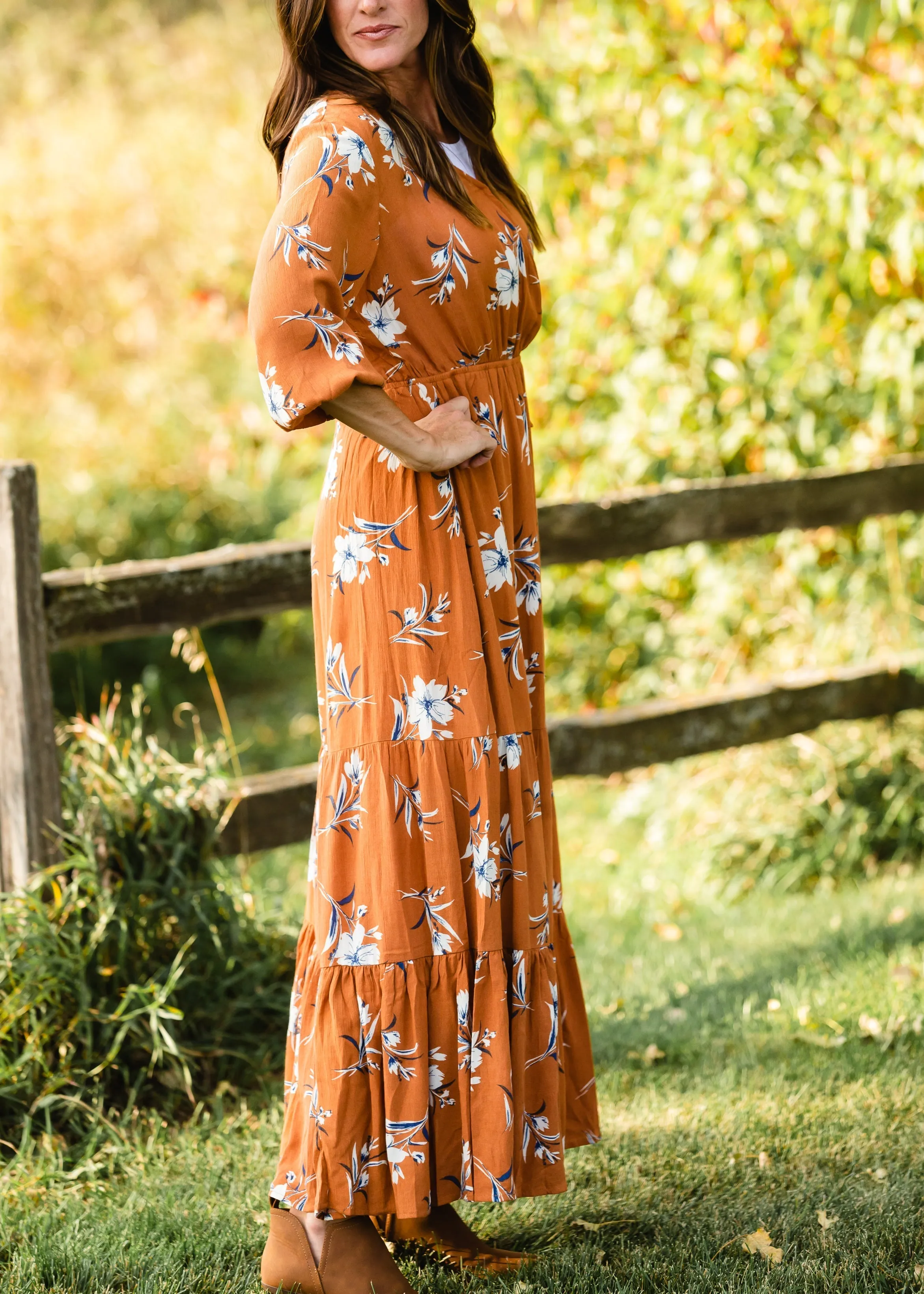 Rust Floral Wrap Maxi Dress