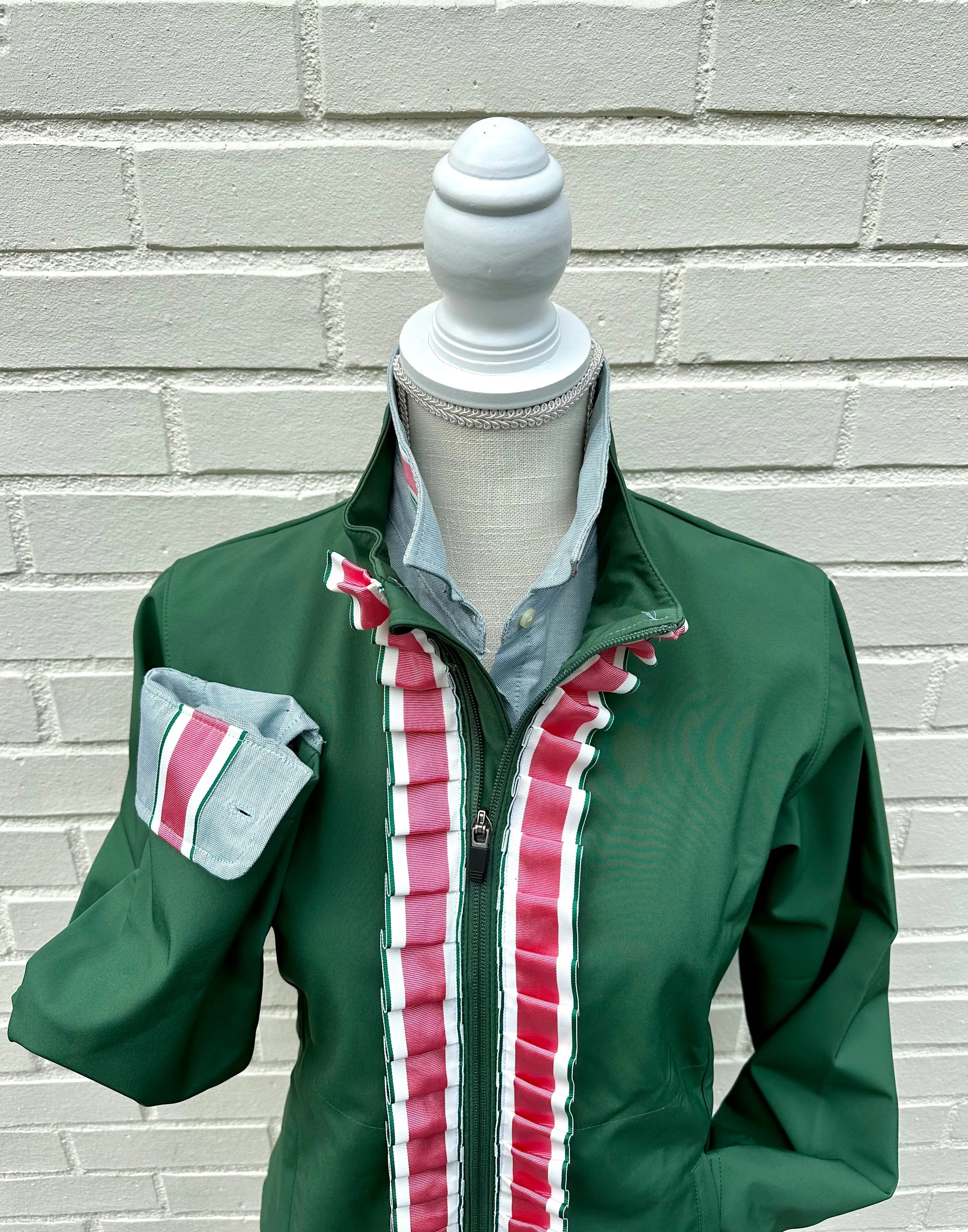 SALE - S ONLY - Sailor Soft Shell Jacket - Green w Pink, Green & White Stripe Ruffle Ribbon (SLR10) *FINAL SALE*