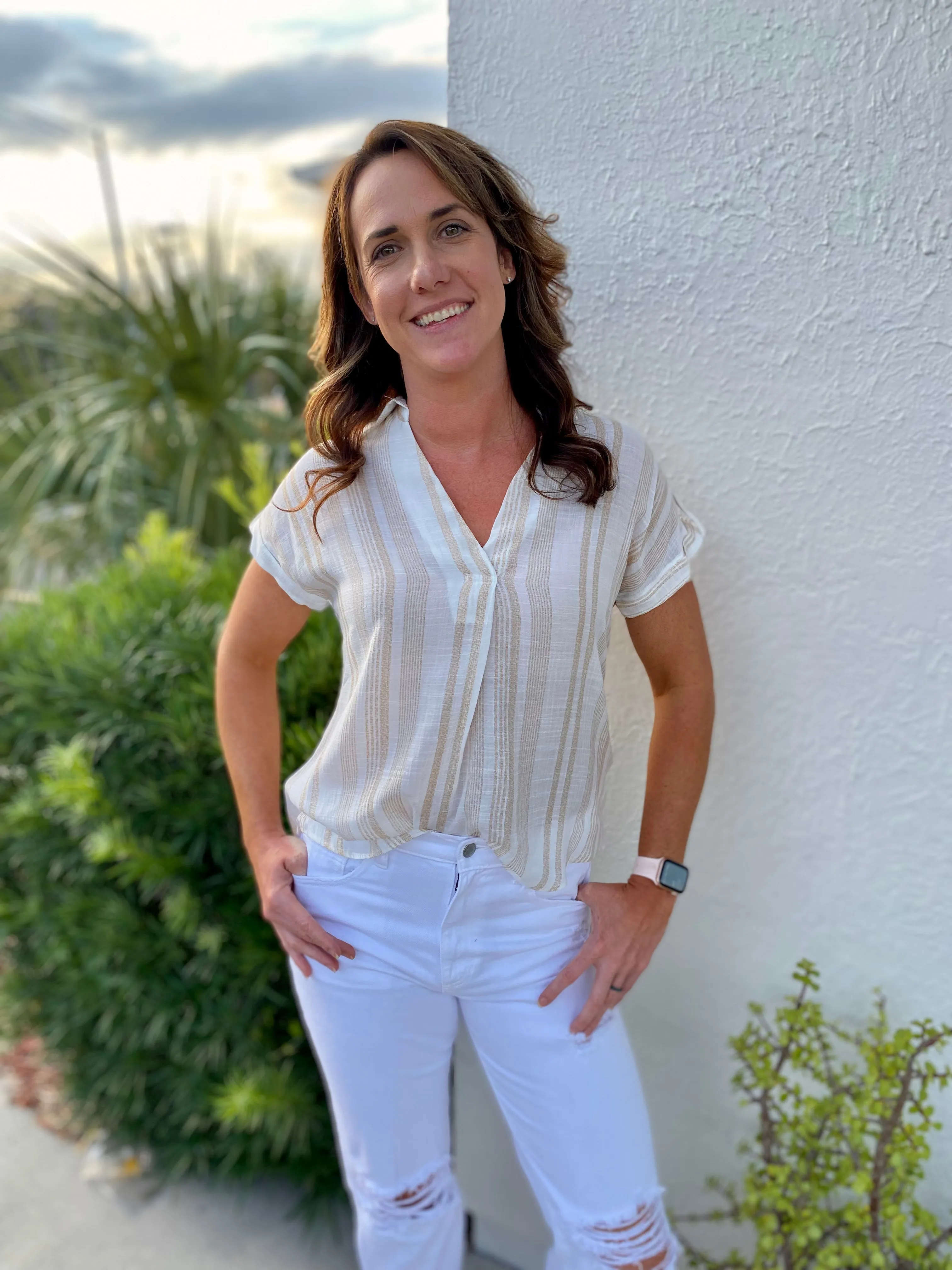 Sand & Stripes Button Back Top
