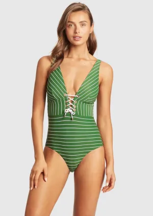 Sea Level Shoreline Lace Up Longline One Piece Green