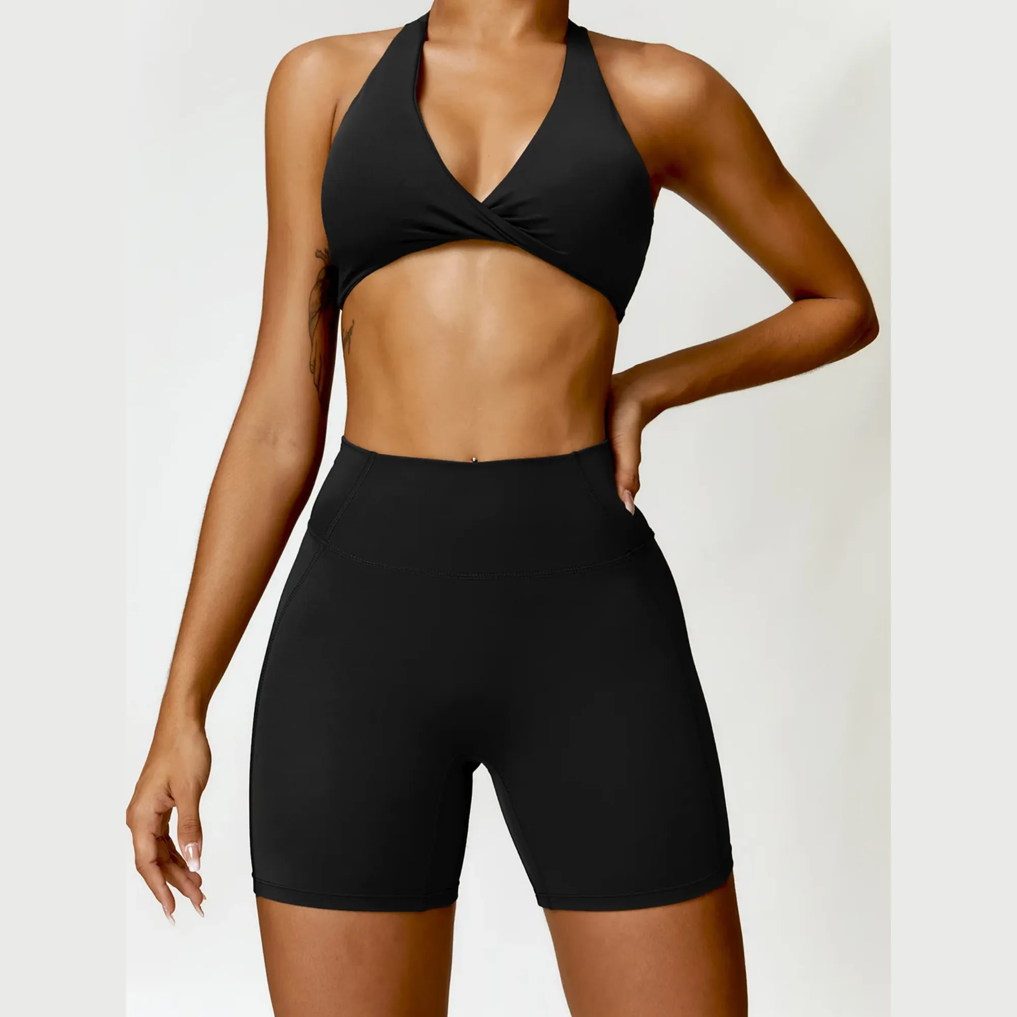 Seamless Halter Neck Bra & High Waist Shorts Activewear Set