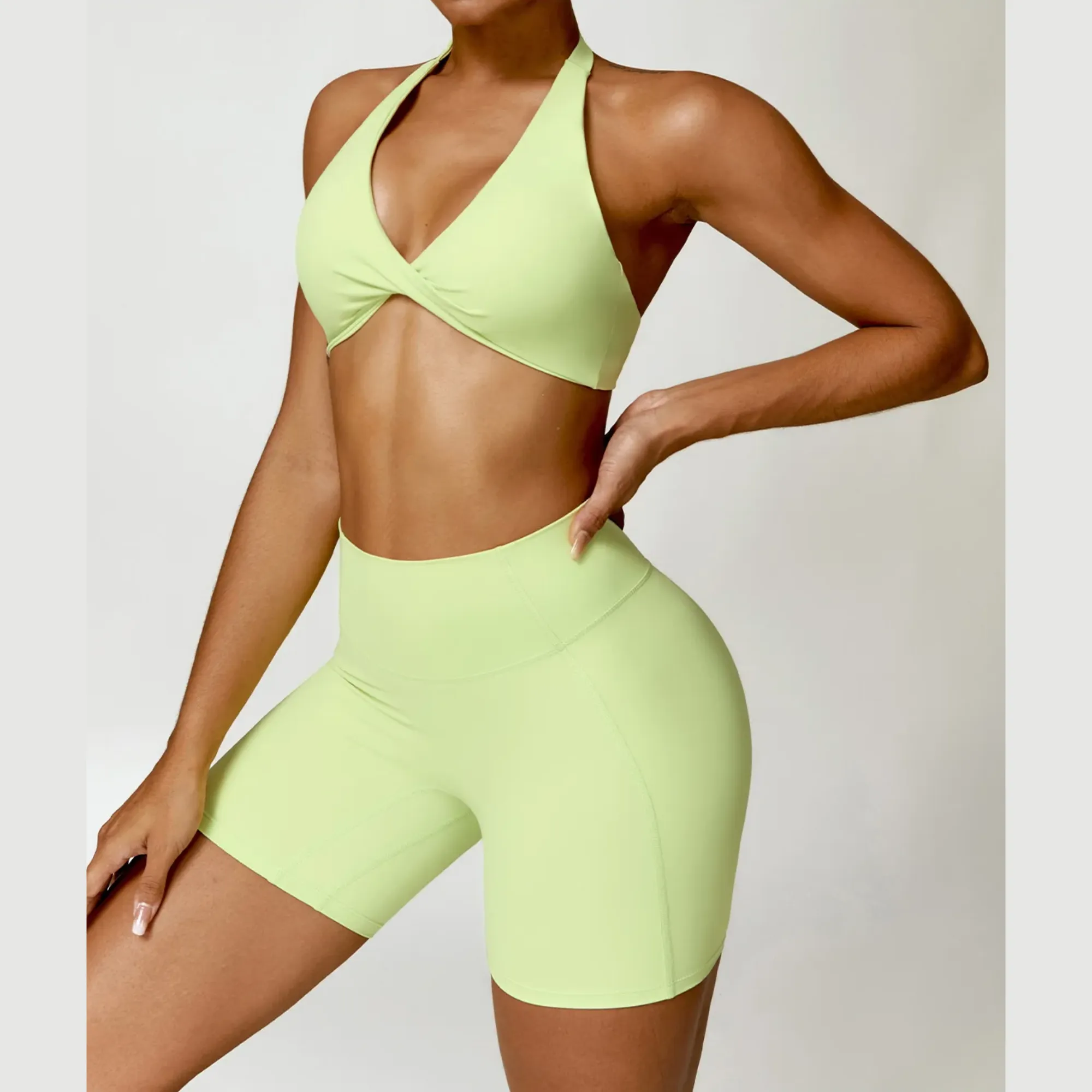 Seamless Halter Neck Bra & High Waist Shorts Activewear Set