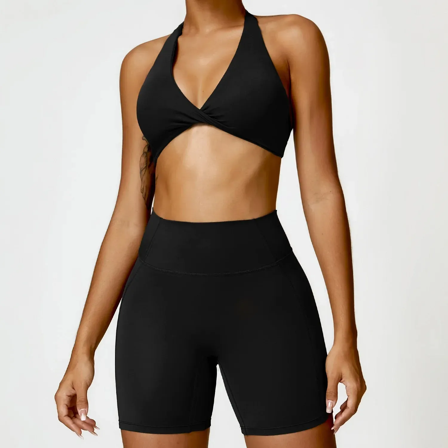 Seamless Halter Neck Bra & High Waist Shorts Activewear Set