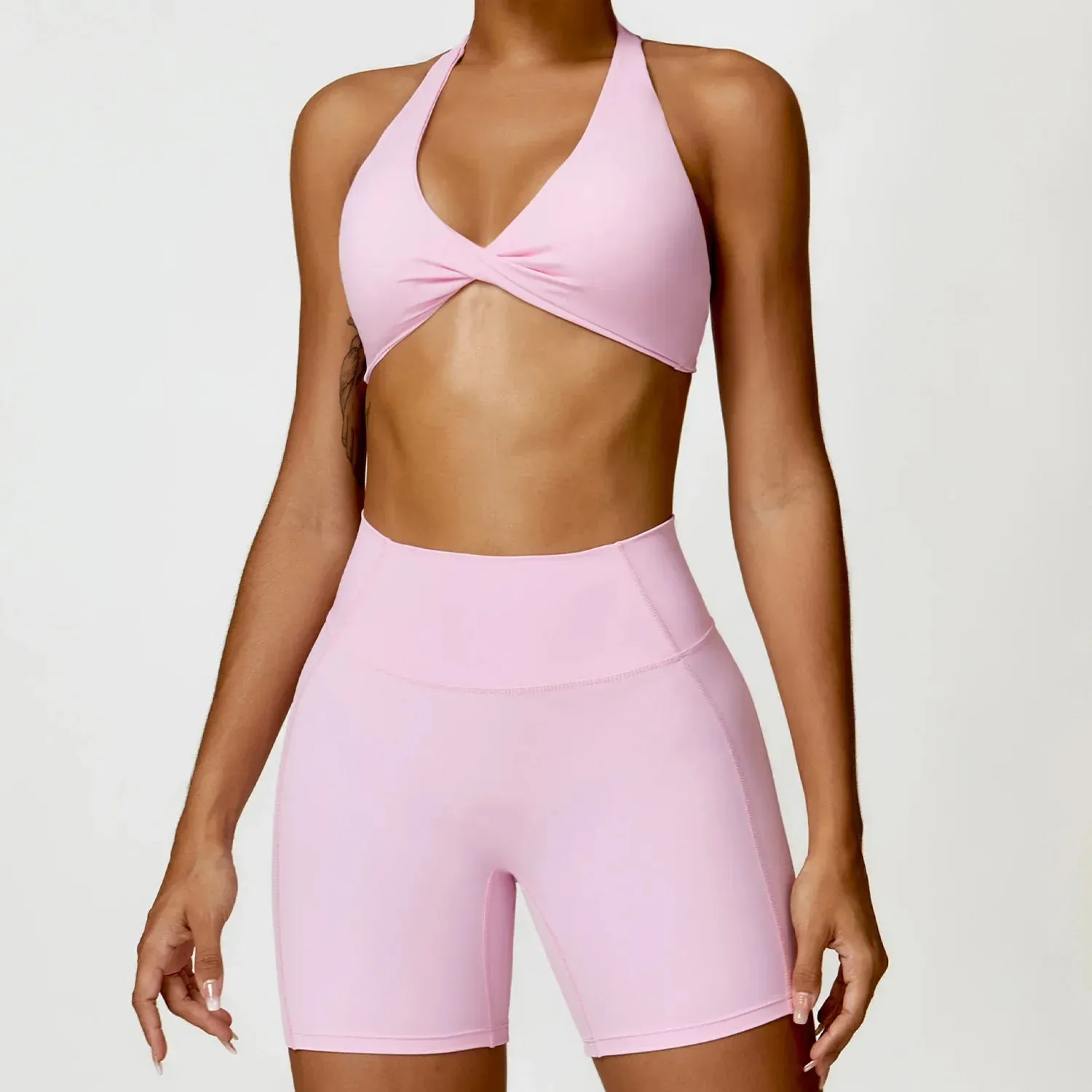 Seamless Halter Neck Bra & High Waist Shorts Activewear Set