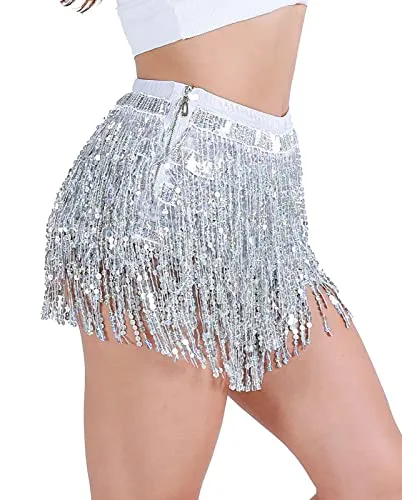 Sequin Fringe Rave Shorts (Silver, S)