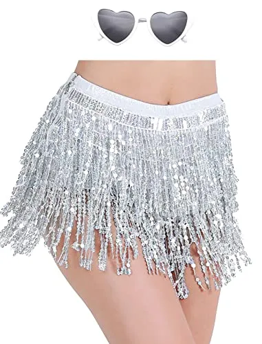 Sequin Fringe Rave Shorts (Silver, S)