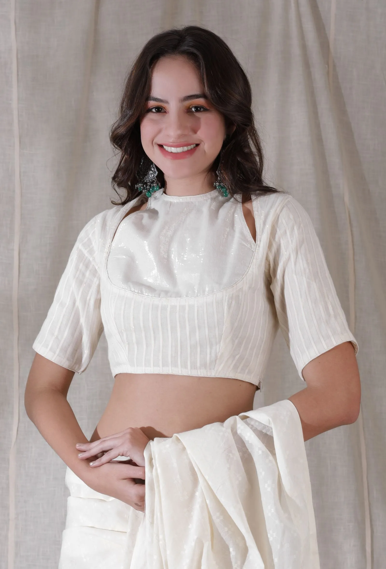 Set of 2- Off white shimmer stripe cotton blouse with cotton saree