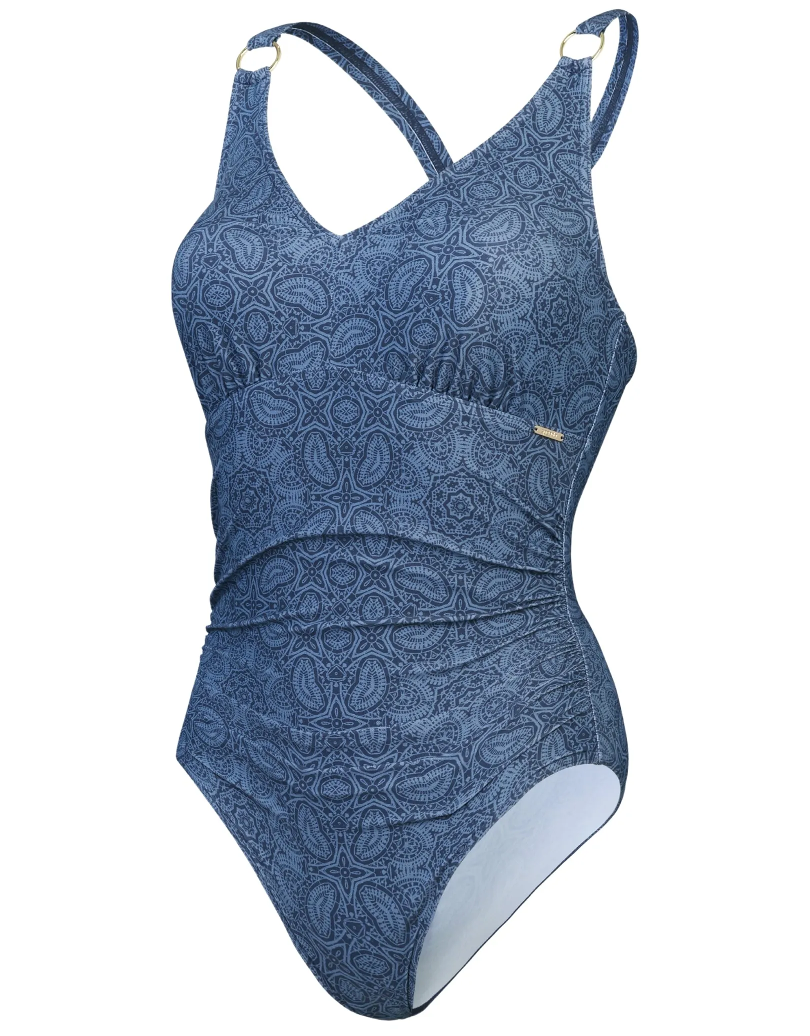 Shaping Printed V Neck Swimsuit - Washed Blue