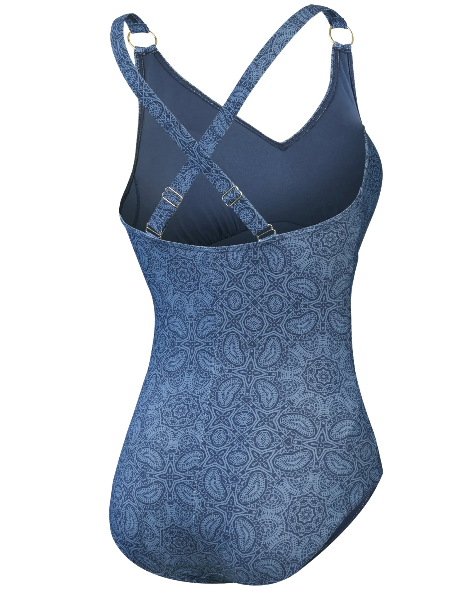 Shaping Printed V Neck Swimsuit - Washed Blue