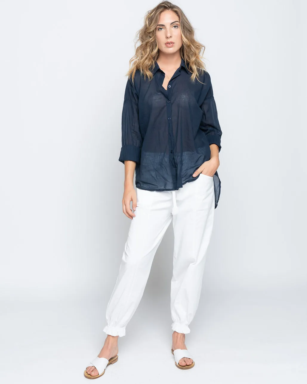Sheer Hi-Lo Button-Up Shirt