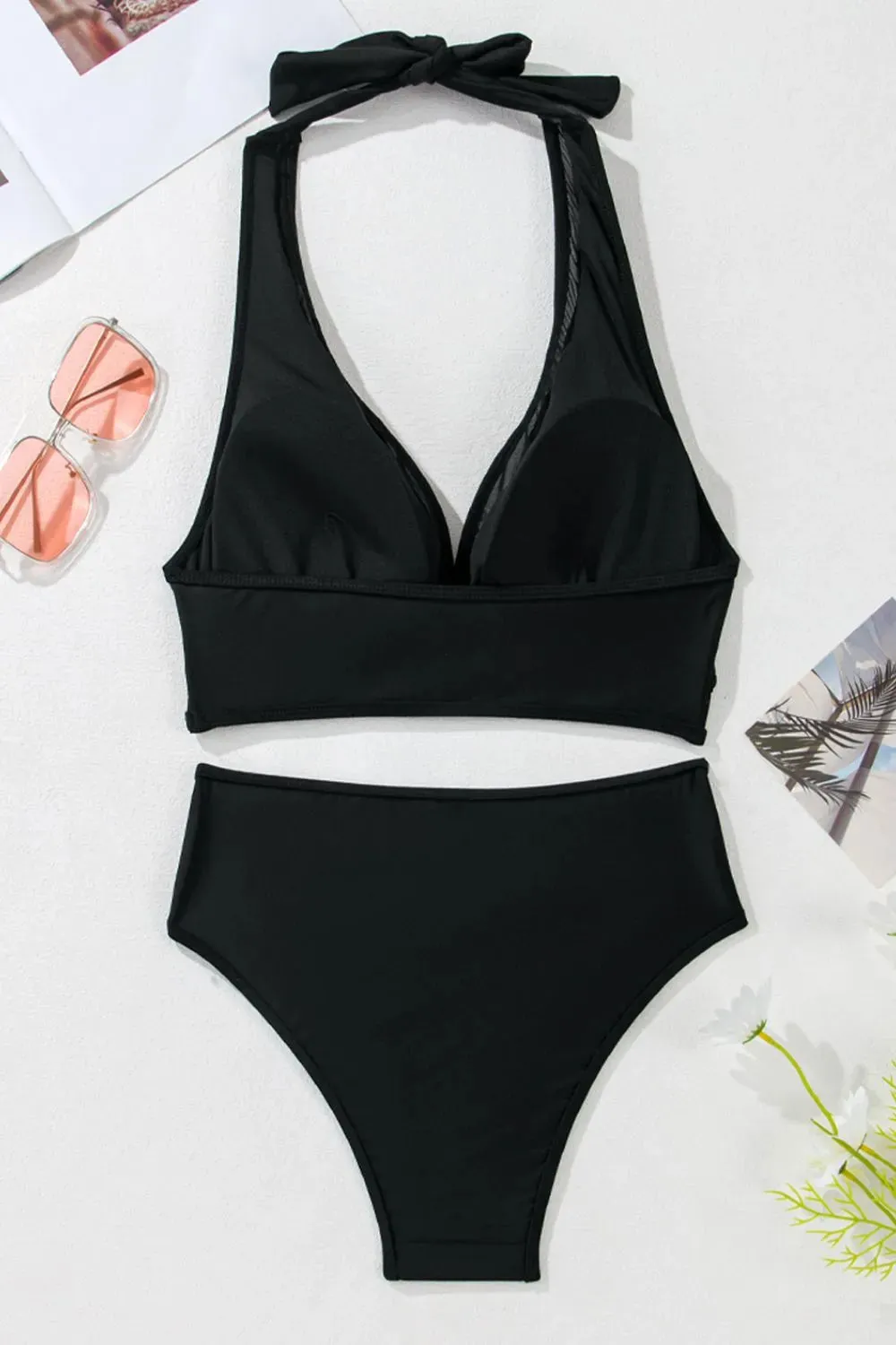 Sheer Mesh Edged Halter V Neck Push Up Bikini Set