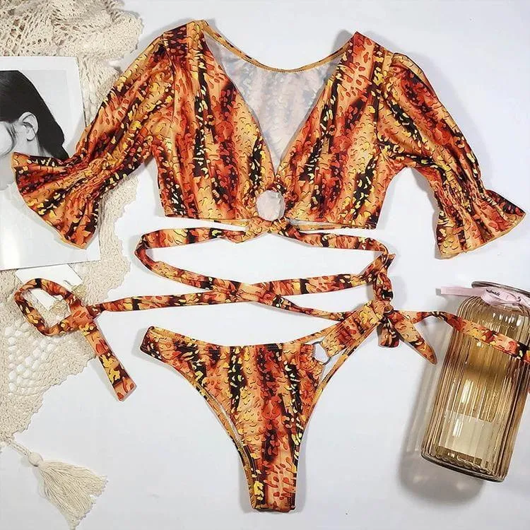 Shirt Sleeve Cross Lacing-Up Set Swimwear
