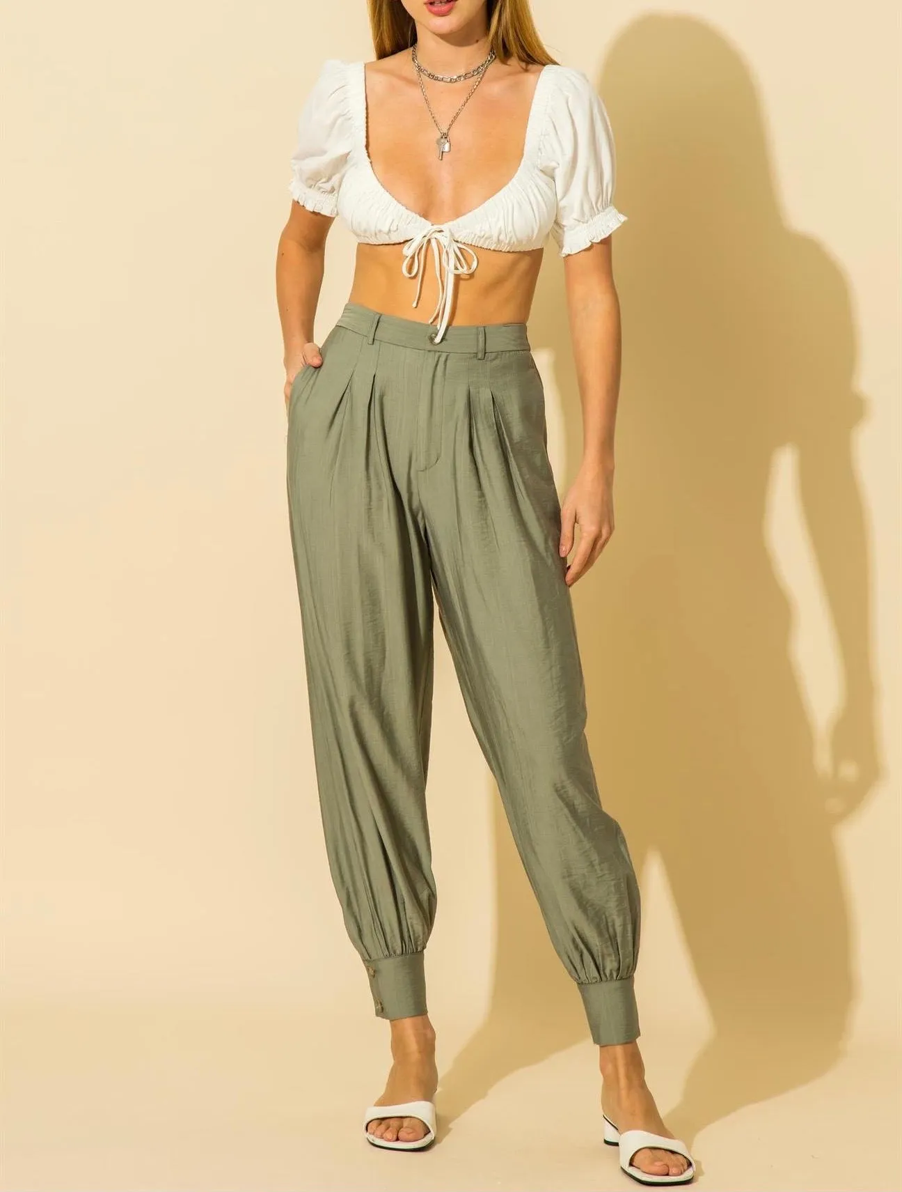 Short Sleeve Peasant Double Tie Crop Top