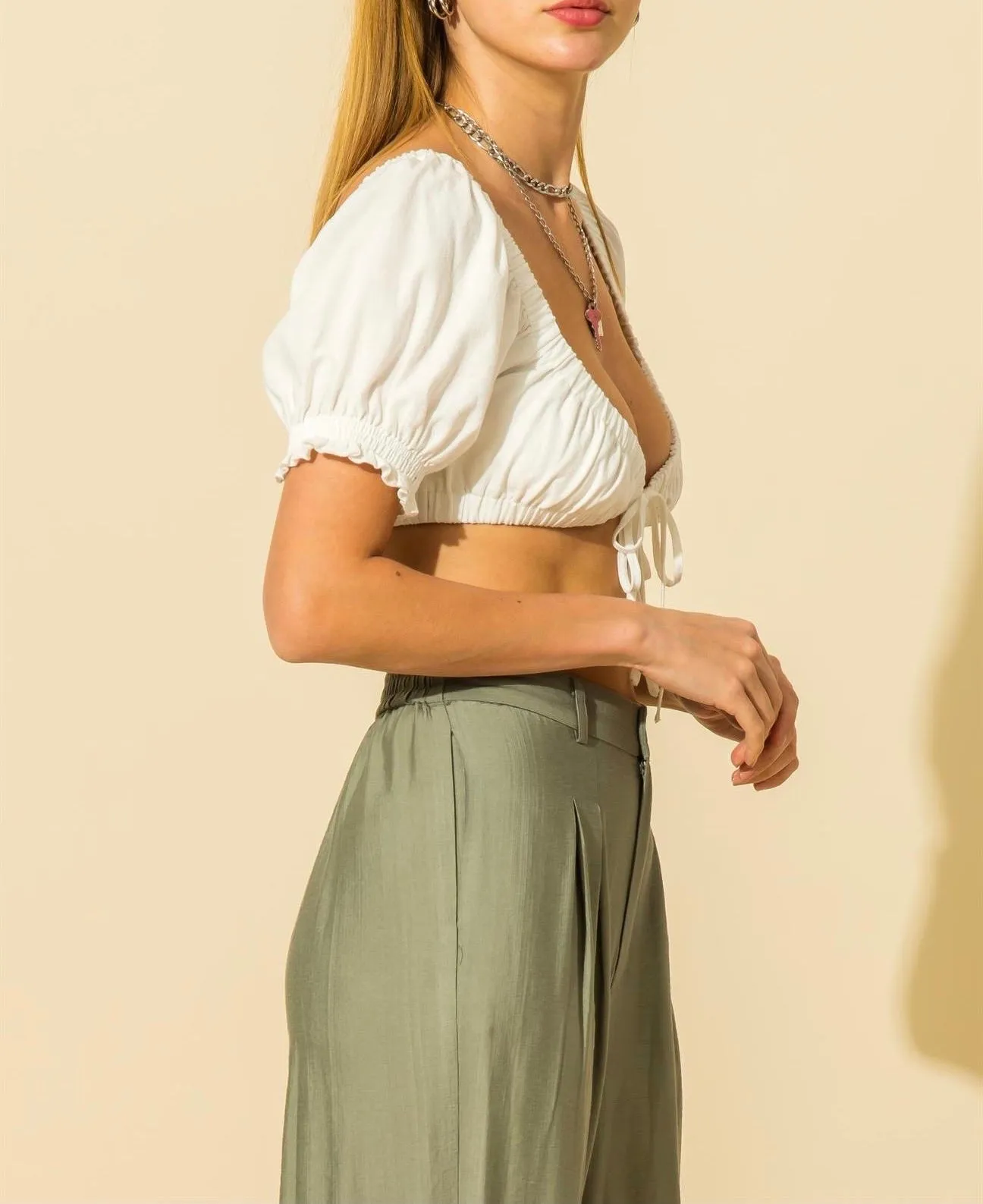 Short Sleeve Peasant Double Tie Crop Top