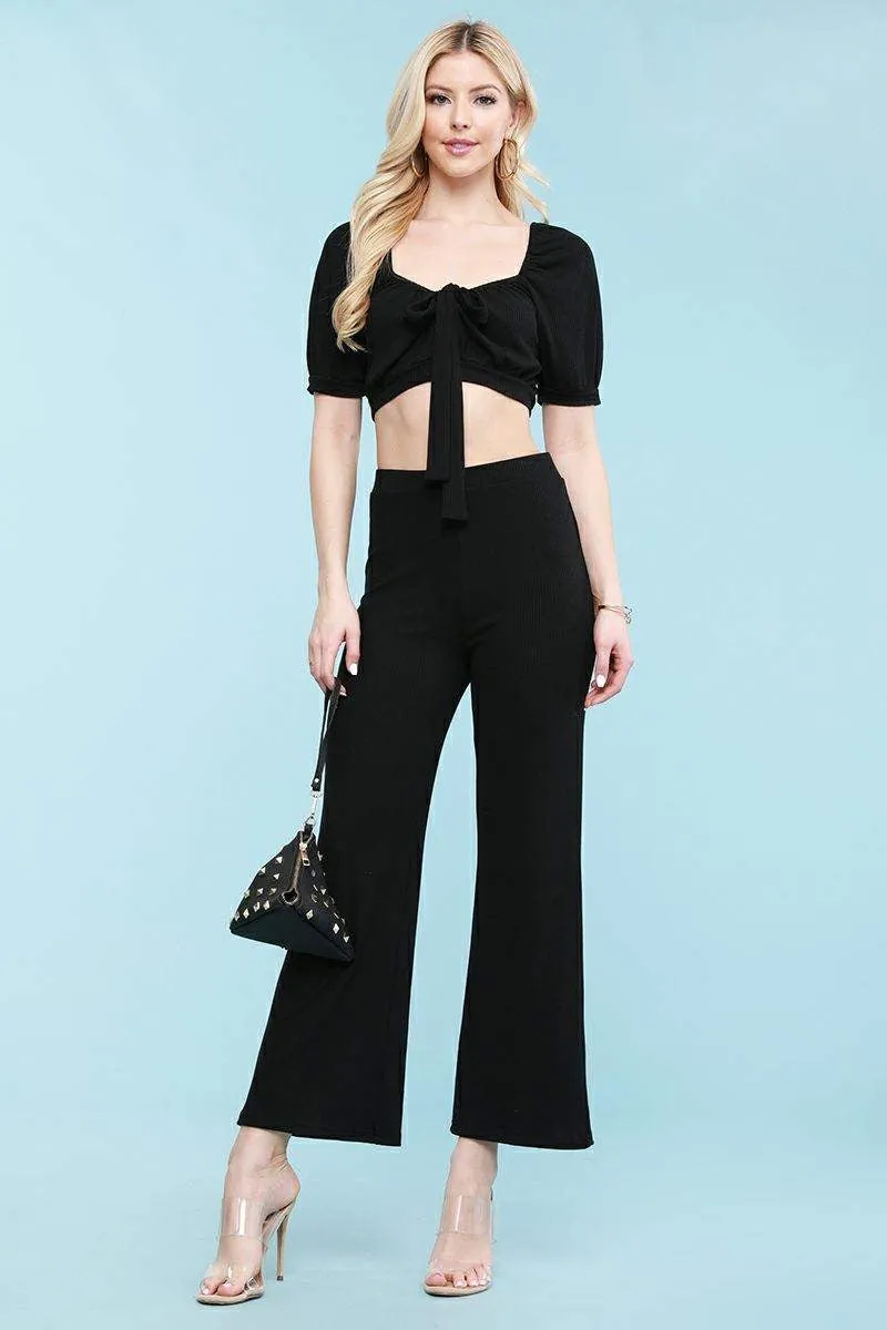 Short Sleeve Ribbed Peasant Tie Crop Top