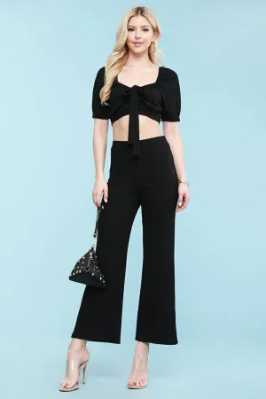 Short Sleeve Ribbed Peasant Tie Crop Top