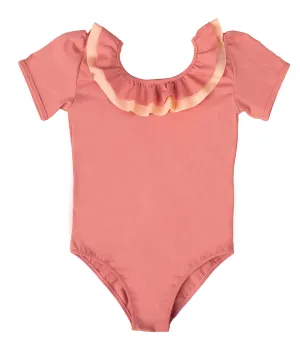 Short Sleeve Swimsuit with Ruffle detail in Coral Pink