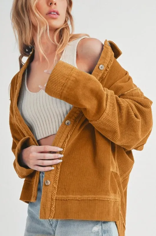 Side Slit Exposed Seam Button Up Corduroy Jacket