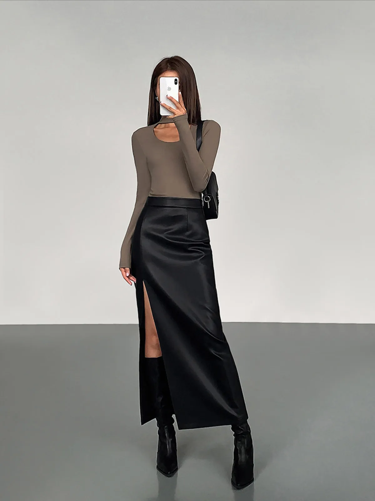 Side Split PU Leather Midi Skirt