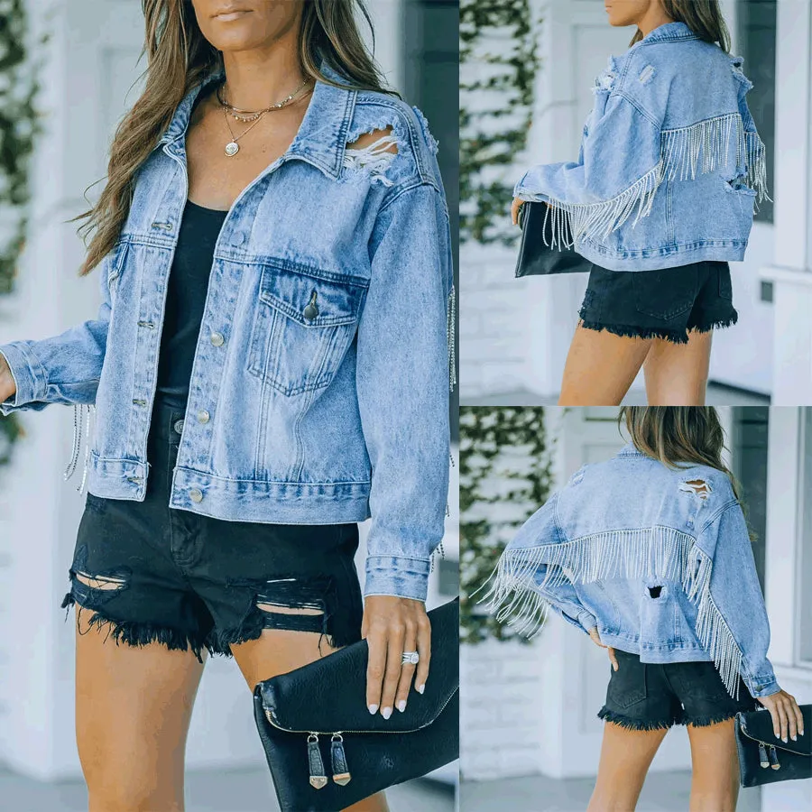 Single-breasted Pile Collar Denim Hole Tassel Outerwear Cardigans