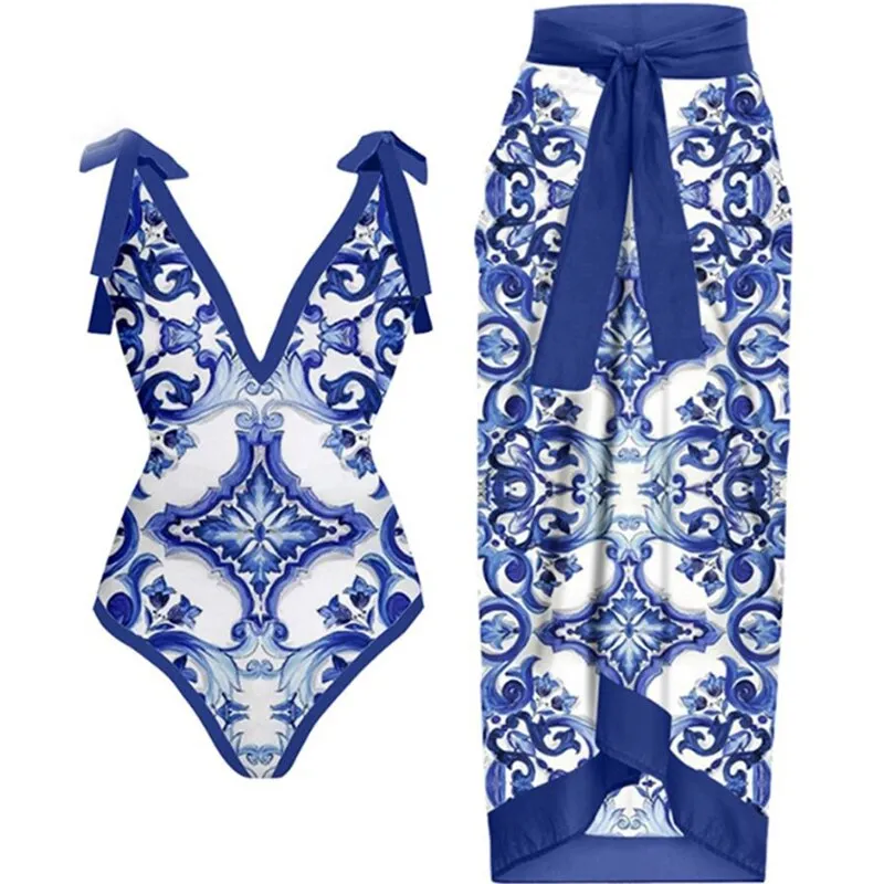 Skirt Cover Up Bodysuit Set Women Bandage Bathing Suit Swimwear Summer Fashion Print Beach Holiday Bodysuit Cover Up Outfits