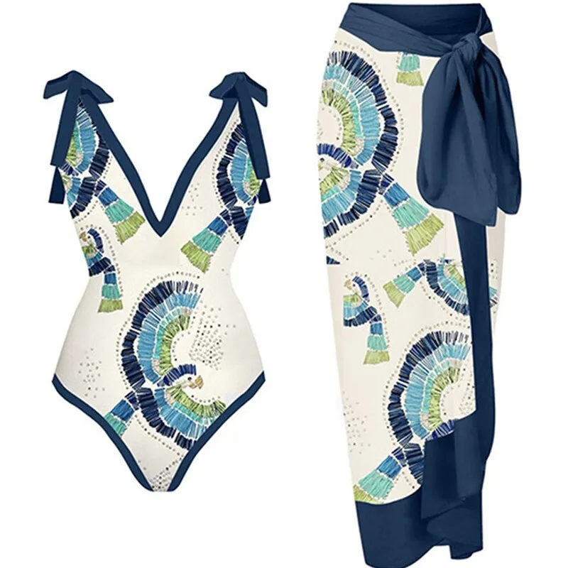 Skirt Cover Up Bodysuit Set Women Bandage Bathing Suit Swimwear Summer Fashion Print Beach Holiday Bodysuit Cover Up Outfits