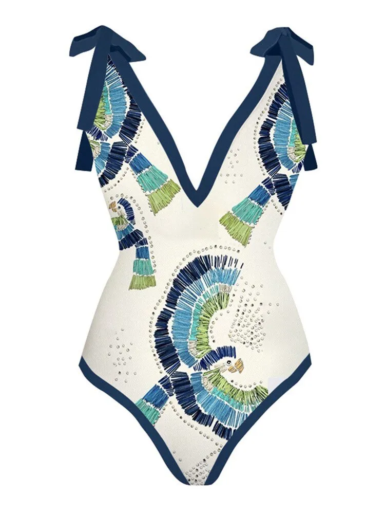 Skirt Cover Up Bodysuit Set Women Bandage Bathing Suit Swimwear Summer Fashion Print Beach Holiday Bodysuit Cover Up Outfits