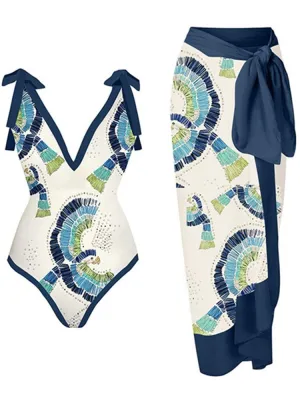 Skirt Cover Up Bodysuit Set Women Bandage Bathing Suit Swimwear Summer Fashion Print Beach Holiday Bodysuit Cover Up Outfits