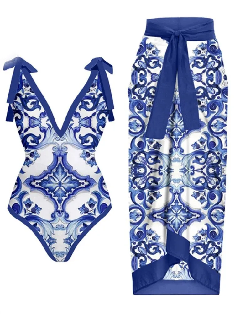Skirt Cover Up Bodysuit Set Women Bandage Bathing Suit Swimwear Summer Fashion Print Beach Holiday Bodysuit Cover Up Outfits