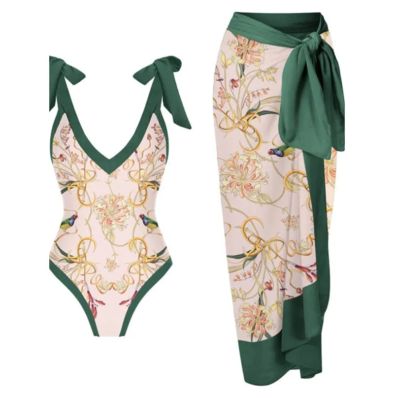 Skirt Cover Up Bodysuit Set Women Bandage Bathing Suit Swimwear Summer Fashion Print Beach Holiday Bodysuit Cover Up Outfits