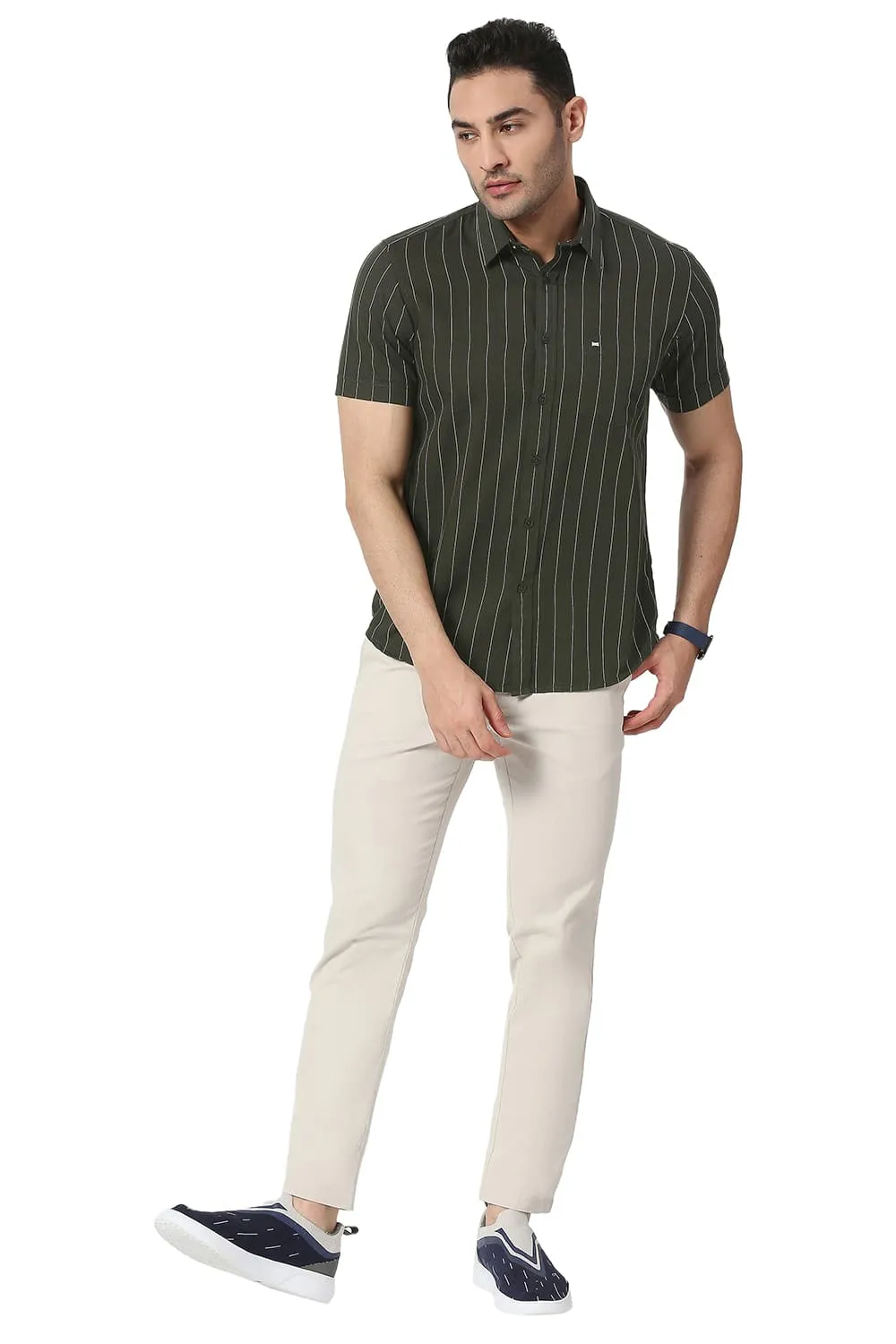 Slim Fit Cotton Twill Stripe Halfsleeves Shirt