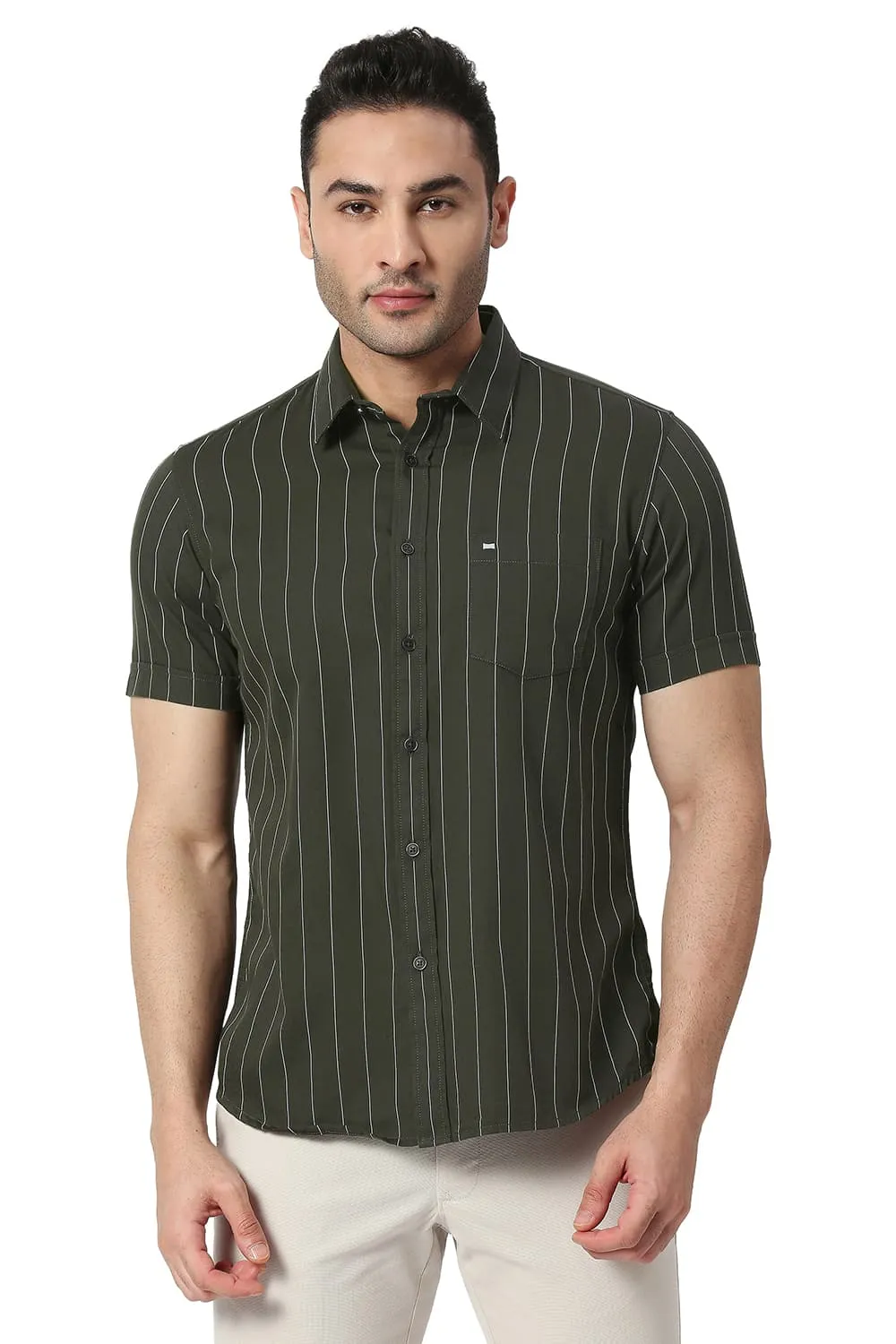 Slim Fit Cotton Twill Stripe Halfsleeves Shirt