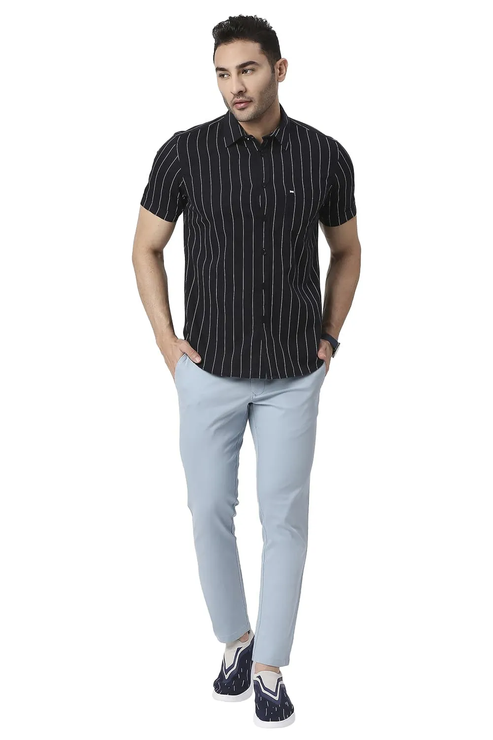 Slim Fit Cotton Twill Stripe Halfsleeves Shirt