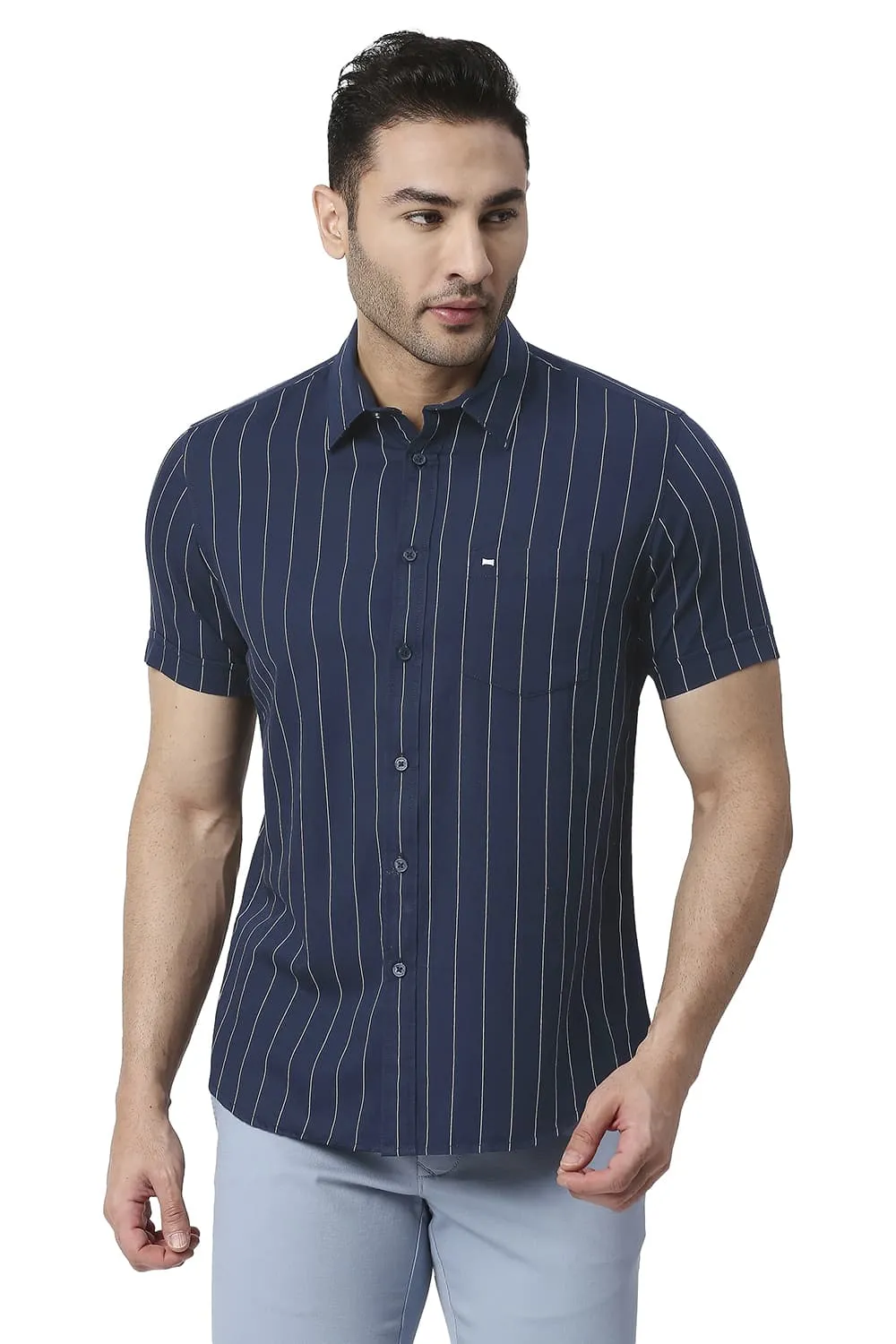 Slim Fit Cotton Twill Stripe Halfsleeves Shirt